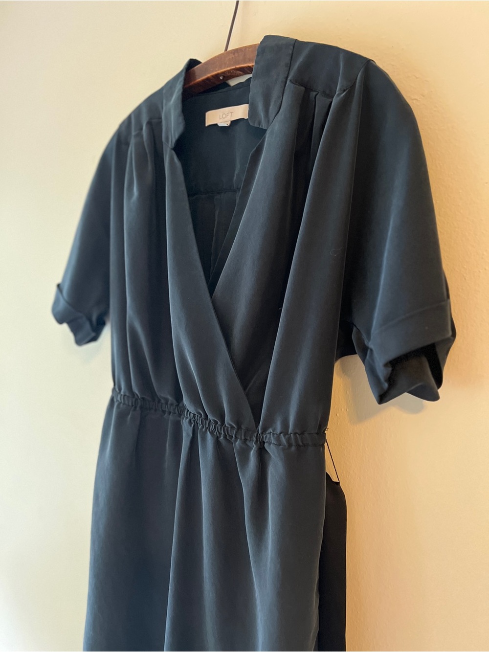 Buttery Soft Pleated Deep Muted Blue Wrap Dress with Tie Waist - Picture 3 of 15